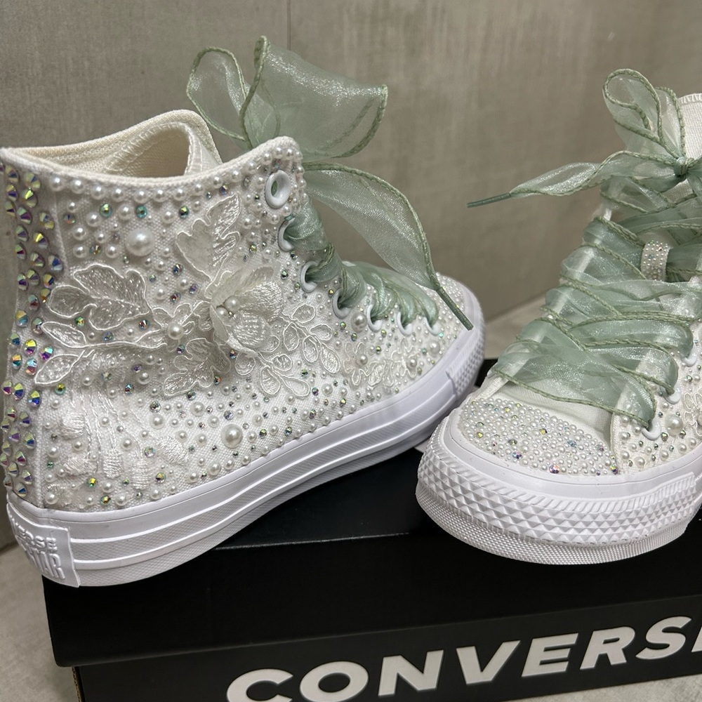 Converse Women's Embellished White High-Tops with Green Laces